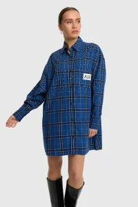 ALIX_THE_LABEL_LADIES_WOVEN_STUDDED_CHECK_BLOUSE_DRESS_DARK_BLUE