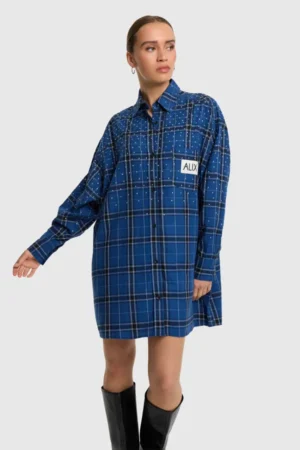 ALIX THE LABEL LADIES WOVEN STUDDED CHECK BLOUSE DRESS DARK BLUE