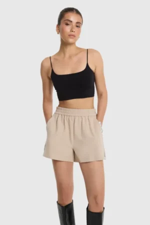 ALIX THE LABEL LADIES WOVEN SHINY TAPE SHORTS SAND