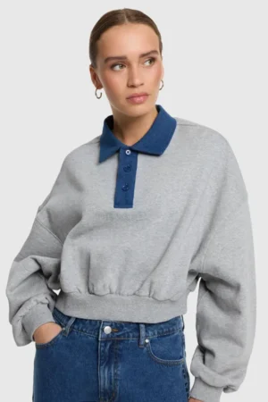 ALIX THE LABEL LADIES KNITTED POLO SWEATER SOFT GREY MELANGE